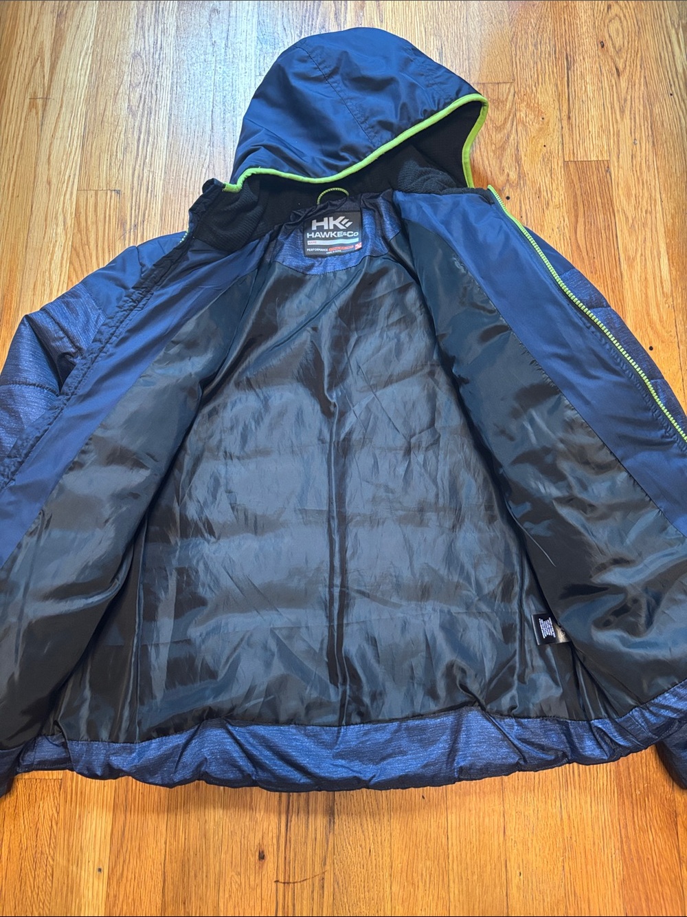 Hawke & Co Navy Puffer Jacket with Lime Trim - Picture 4 of 7